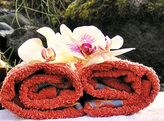 Eine Orchidéenblüte auf roten, zusammengerollten Handtüchern